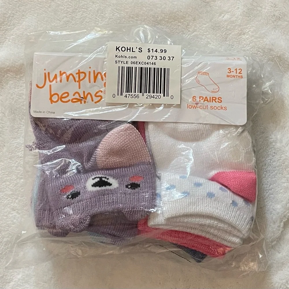 💖5 for $25💖 Baby Girl Jumping Beans Purple Critter Socks 6-Pack Size 3-12M